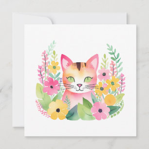 Watercolor Pink Cat and Summer Flowers  Card