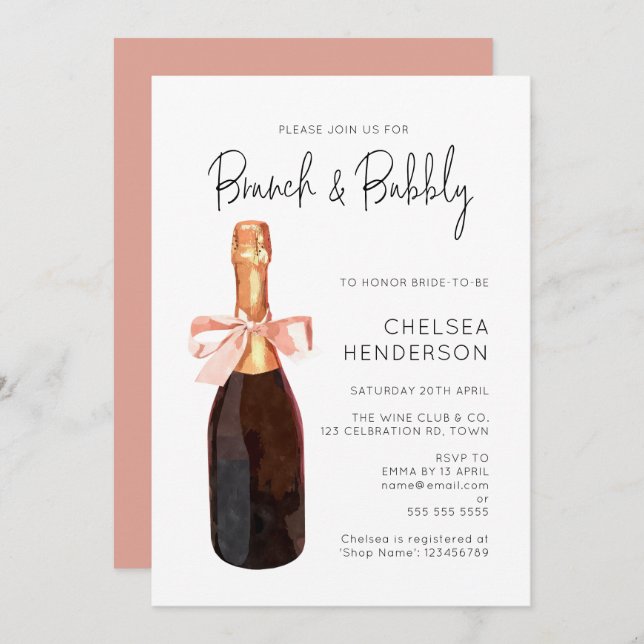 Watercolor Pink Champagne Brunch & Bubbly Shower Invitation (Front/Back)