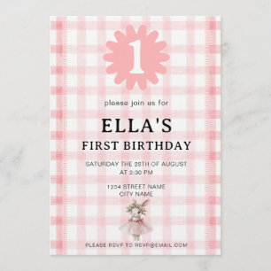 Watercolor Pink Check Bunny Birthday Invitation