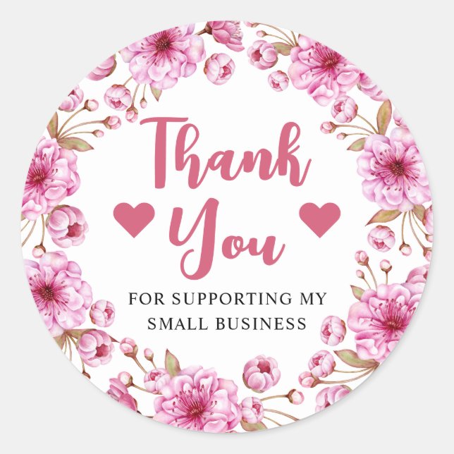 Watercolor Pink Cherry Blossom Small Business Classic Round Sticker (Front)