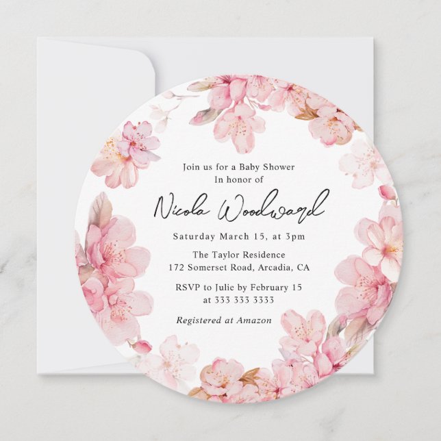 Watercolor Pink Cherry Blossom Wreath Baby Shower Invitation (Front)