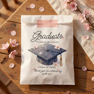 Watercolor Pink Cherry Blossoms and Graduation Cap Favour Bag