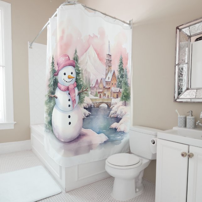 Watercolor Pink Christmas Art Shower Curtain (In Situ)