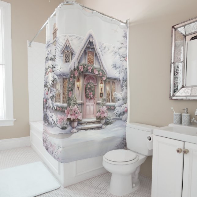 Watercolor Pink Christmas Art Shower Curtain (In Situ)