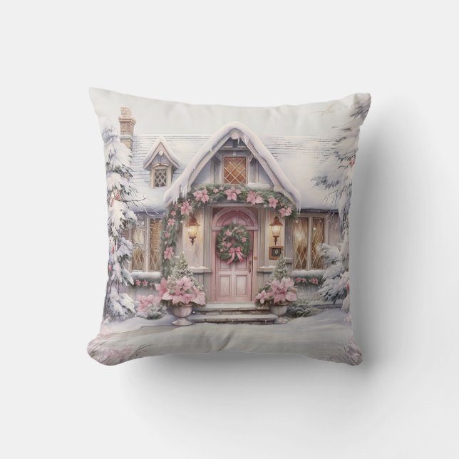 Watercolor Pink Christmas Art Throw Pillow (Front)