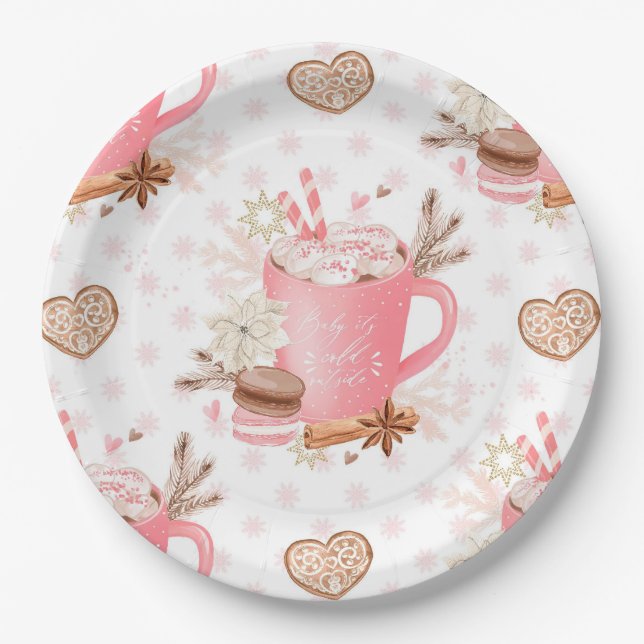Watercolor Pink Christmas Cookies and Cocoa Paper Plate (Front)