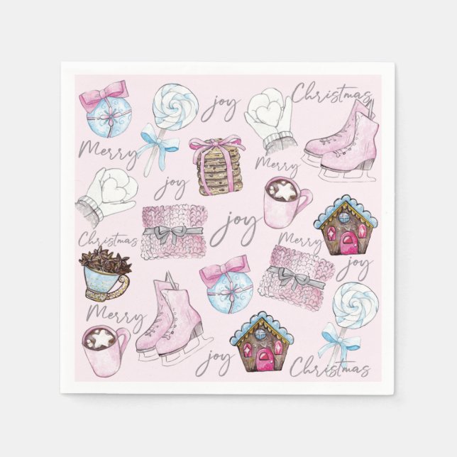 Watercolor Pink Christmas Cute Napkin (Front)