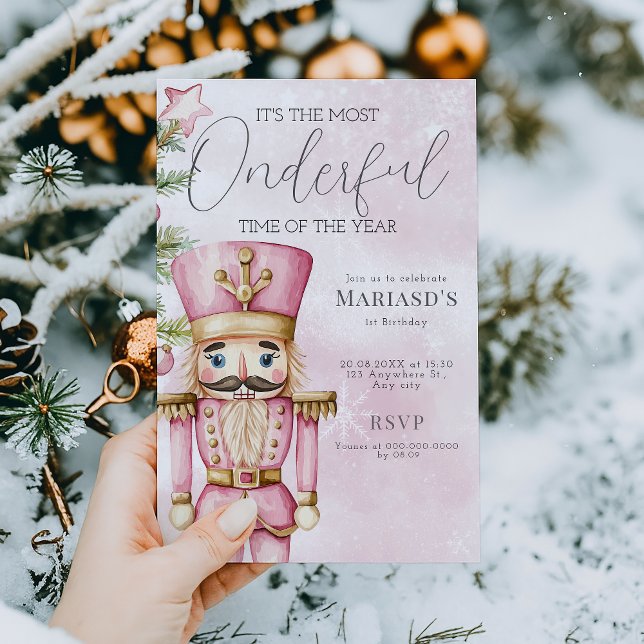 watercolor Pink Christmas Nutcracker 1st birthday  Invitation (Creator Uploaded)