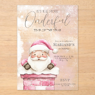 watercolor Pink Christmas Santa 1st birthday Acrylic Invitations