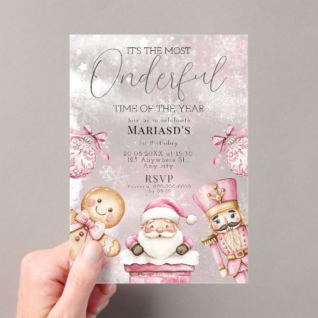 watercolor Pink Christmas Santa 1st birthday  Acrylic Invitations (Insitu (Handheld))