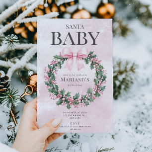 watercolor Pink Christmas Santa 1st birthday  Invitation