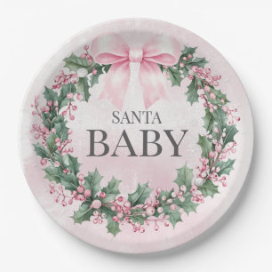 watercolor Pink Christmas Santa 1st birthday Paper Plate