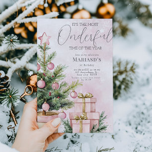 watercolor Pink Christmas Tree 1st birthday  Invitation