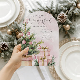 watercolor Pink Christmas Tree 1st birthday Invitation