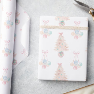 Watercolor Pink Christmas Tree Grandmillennial Wrapping Paper