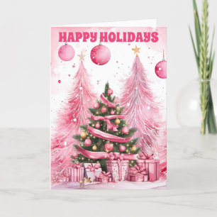 Watercolor Pink Christmas Tree Happy Holidays Holiday Card