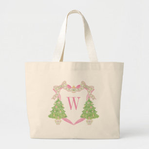 Watercolor Pink Christmas Tree Monogram Crest Large Tote Bag