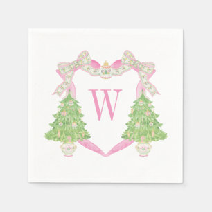 Watercolor Pink Christmas Tree Monogram Crest Napkin