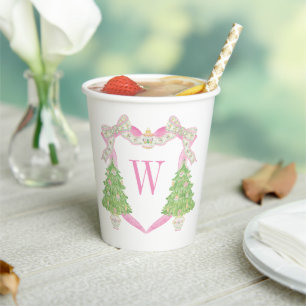 Watercolor Pink Christmas Tree Monogram Crest Paper Cups