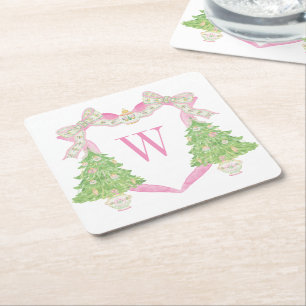 Watercolor Pink Christmas Tree Monogram Crest Square Paper Coaster