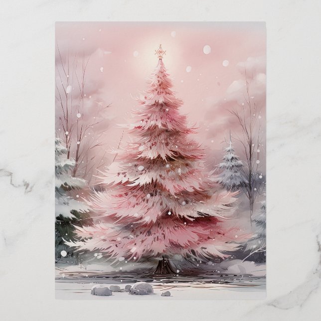 Watercolor Pink Christmas Tree Scene Foil Holiday Postcard (Front)