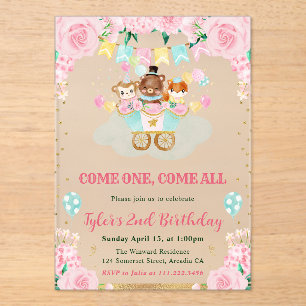 Watercolor Pink Circus Animals Birthday Party Acrylic Invitations