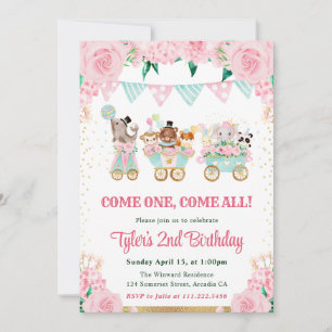 Watercolor Pink Circus Animals Birthday Party Invitation