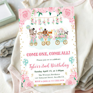 Watercolor Pink Circus Animals Birthday Party Invitation