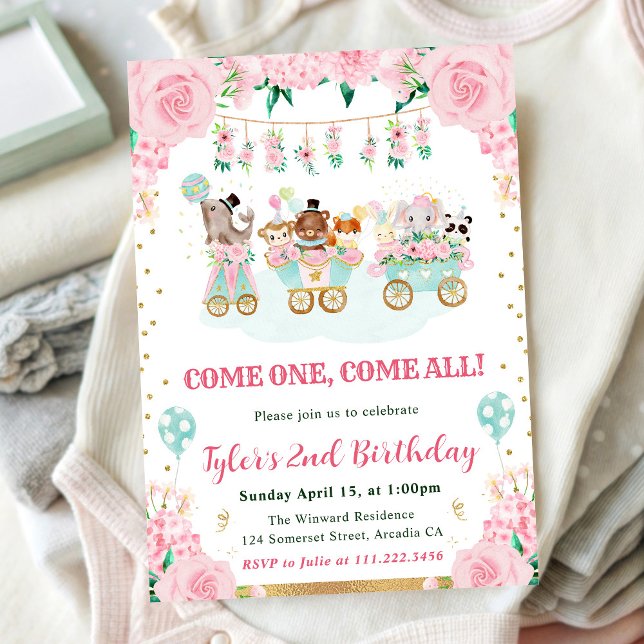Watercolor Pink Circus Animals Birthday Party Invitation (Creator Uploaded)