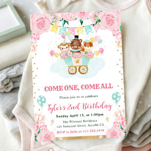Watercolor Pink Circus Animals Birthday Party Invitation