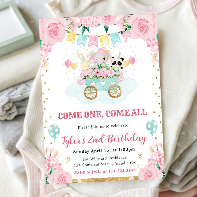 Watercolor Pink Circus Animals Birthday Party Invitation (Creator Uploaded)