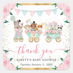 Watercolor Pink Circus Animals Floral Baby Shower Square Sticker