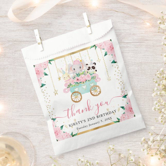 Watercolor Pink Circus Animals Floral Birthday Favour Bag (Clipped)