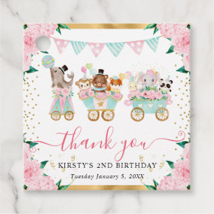 Watercolor Pink Circus Animals Floral Birthday Favour Tags