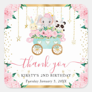 Watercolor Pink Circus Animals Floral Birthday Square Sticker