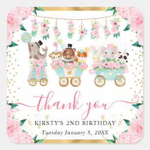 Watercolor Pink Circus Animals Floral Birthday Square Sticker