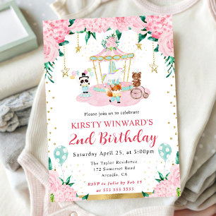 Watercolor Pink Circus Animals Kids Birthday Invitation