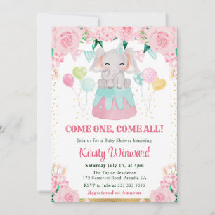 Watercolor Pink Circus Elephant Baby Shower Invitation