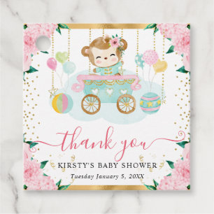 Watercolor Pink Circus Monkey Floral Baby Shower Favour Tags