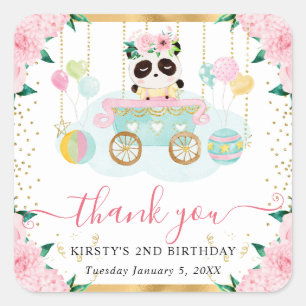 Watercolor Pink Circus Panda Floral Birthday Square Sticker