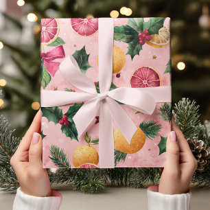 Watercolor Pink Citrus Christmas  Wrapping Paper