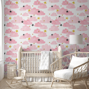 Watercolor Pink Clouds Gold Stars Girl's Nursery Wallpaper