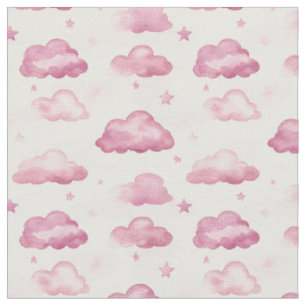Watercolor Pink Clouds & Stars on Ivory Fabric