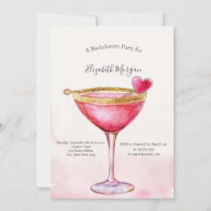 Watercolor Pink Cocktail Heart Bachelorette Party Invitation