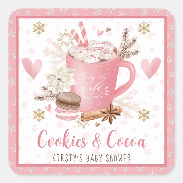Watercolor Pink Cookies and Cocoa Baby Shower Square Sticker (Front)