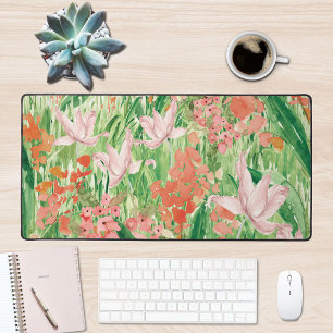Watercolor Pink Coral Floral Meadow On Mountain Desk Mat