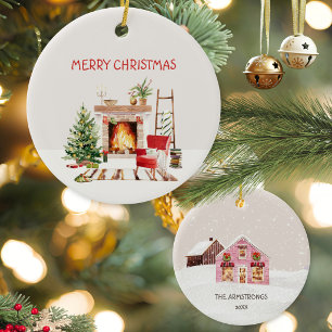 Watercolor Pink Cottage Fireplace Christmas Ceramic Ornament