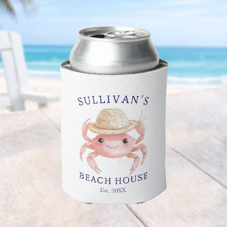 Watercolor Pink Crab Beach House Coastal Cottage Can Cooler