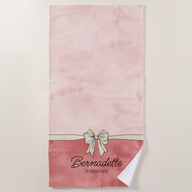 Watercolor Pink + Cream Bow Bridesmaid Beach Towel (Front)