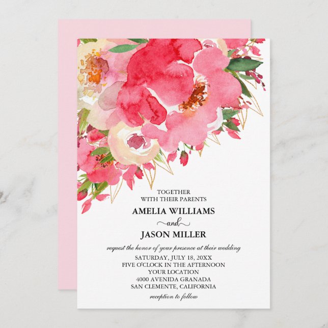 Watercolor Pink Cream Floral Wedding Invitations (Front/Back)